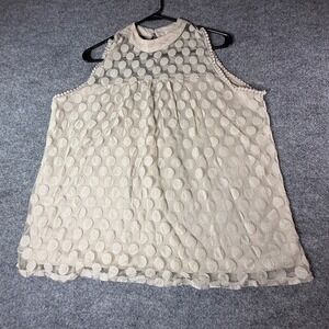 Eve & Maddie Womens XL Beige Polka Dot Mesh Sleeveless High Neck Blouse Top